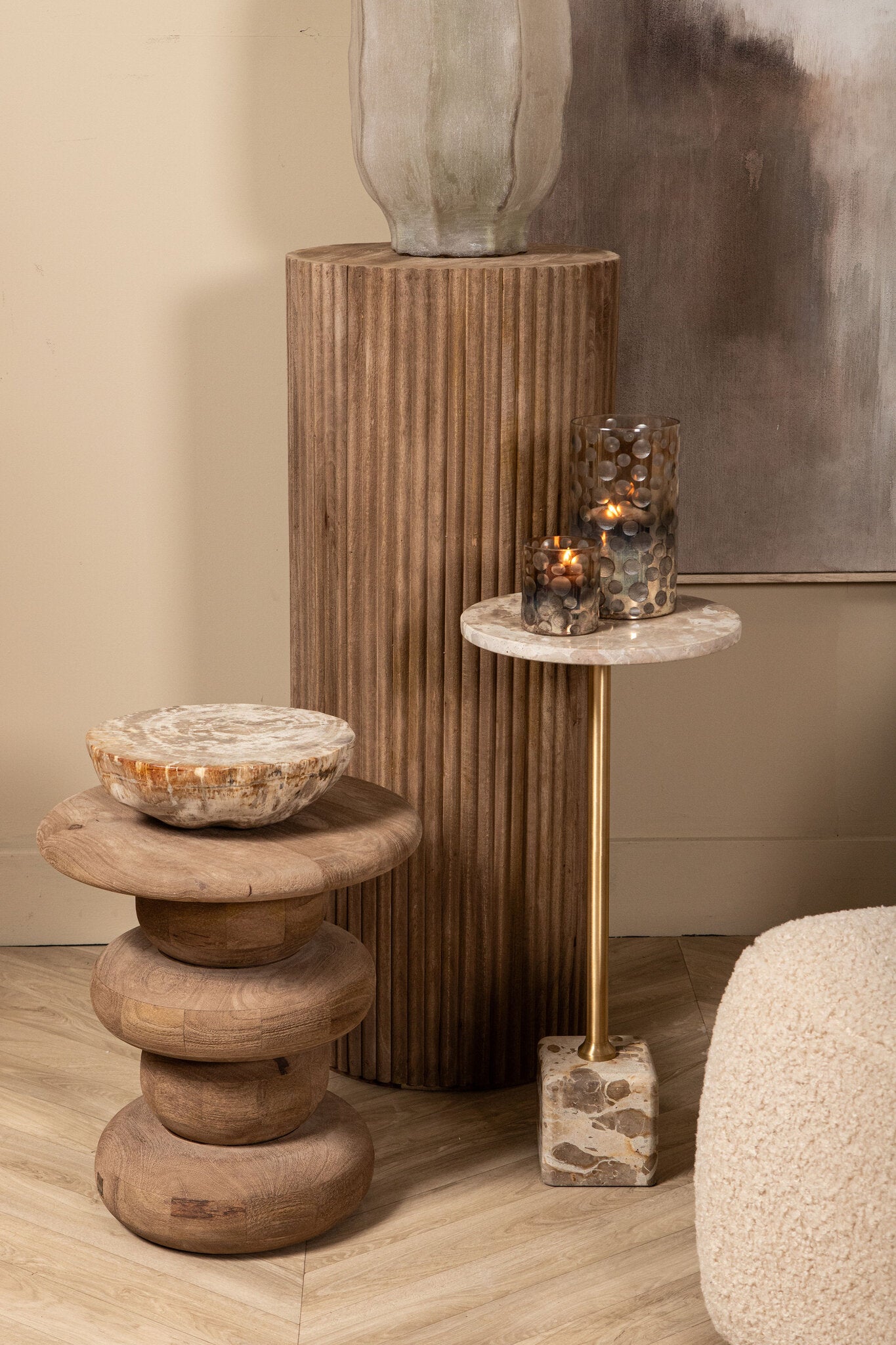Ebe beige marmeren bijzettafel met rond blad, hoog