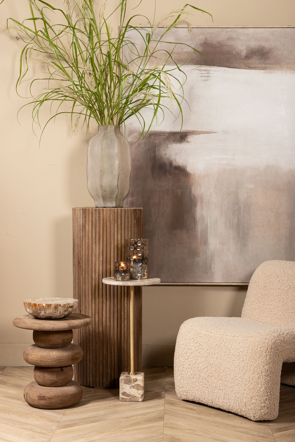 Ebe beige marmeren bijzettafel met rond blad, hoog