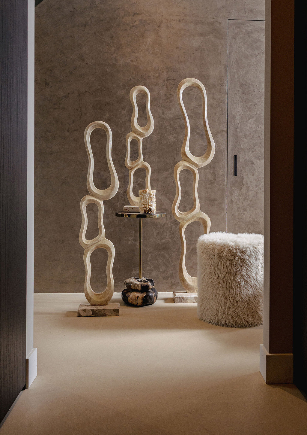 Ronde stoffen poef in Hair Beige