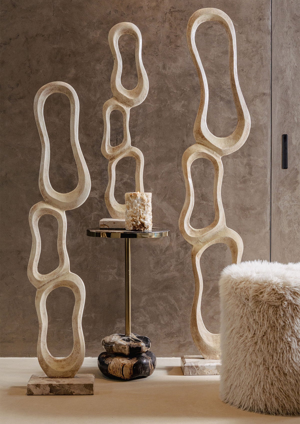 Ronde stoffen poef in Hair Beige