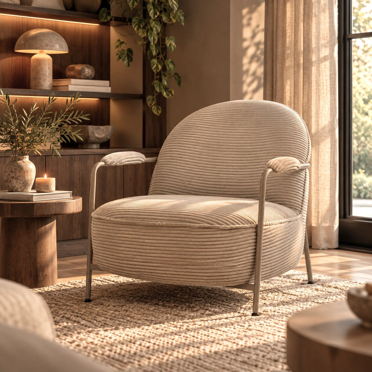 Elton Fauteuil - zandkleurig frame - ribstof - zand
